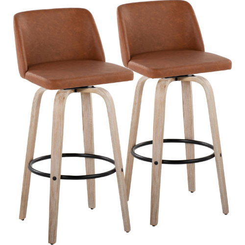 Toriano 30" Swivel Bar Stool in White Washed Wood & Camel Leatherette with Black Footrest (Set of 2)